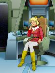  1girl belt blonde_hair blue_eyes bonjin-do boots breasts chair feet female galaxy gundam headset highres large_breasts looking_at_viewer mobile_suit_gundam open_mouth sayla_mass short_hair sitting smile solo space star uniform window 