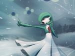  gardevoir green_hair guodon hair_over_one_eye jumpluff no_humans open_mouth plant pokemon red_eyes short_hair solo wind 