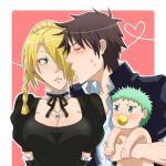  1girl 2boys baby_be&#039;el beelzebub_(manga) blonde_hair blush breasts brown_hair choker cleavage earrings green_eyes green_hair hilda_(beelzebub) jewelry karoll_ann kiss multiple_boys necklace oga_tatsumi sweat tagme 