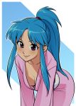  1girl bent_over blue_hair blush botan_(yuu_yuu_hakusho) breasts cleavage hair_ornament japanese_clothes kimono long_hair pink_eyes ponytail smile solo typo_(requiemdusk) yuu_yuu_hakusho 
