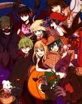  2girls 6+boys :d ahoge akamatsu_kaede amami_rantarou animal_costume antenna_hair bangs bare_shoulders black_hair black_pants blonde_hair bow bowtie breasts brown_cape brown_capelet brown_hair brown_jacket candy candy_wrapper cape commentary_request dangan_ronpa_(series) dangan_ronpa_v3:_killing_harmony deerstalker dress food food_themed_hair_ornament glasses gokuhara_gonta green_eyes green_hair green_headwear hair_between_eyes hair_ornament hair_scrunchie halloween_costume hand_up harukawa_maki hat highres holding jacket jester jester_cap keebo kitsunebi_v3kokonn large_breasts lollipop long_hair long_sleeves looking_at_another low_twintails magnifying_glass mask momota_kaito monokuma mouth_mask multiple_boys multiple_girls musical_note_hair_ornament net open_mouth ouma_kokichi pants pumpkin pumpkin_hair_ornament red_bow red_eyes red_ribbon red_scrunchie ribbon round_eyewear saihara_shuuichi scrunchie shinguuji_korekiyo shirt short_hair smile striped striped_shirt twintails vampire_costume wolf_costume 