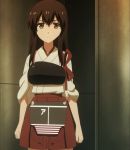  1girl akagi_(kantai_collection) arm brown_eyes brown_hair clenched_hand clenched_hands female hakama_skirt japanese_clothes kantai_collection long_hair looking_at_viewer neck red_skirt screencap serious skirt solo v-neck yellow_eyes 