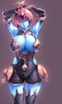  1girl antenna_hair arm_gloves armpits arms_behind_head arms_up black_legwear blue_skin breasts cleavage curvy erect_nipples gloves hair_ornament halo hera_(p&amp;d) huge_breasts looking_at_viewer nikurotsuchi_hoshi parted_lips pointy_ears puzzle_&amp;_dragons redhead short_hair simple_background smile solo thigh-highs thigh_gap violet_eyes wide_hips 