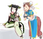  2girls begging black_hair brown_hair chun-li double_bun doughnut drooling eating food han_juri mouth_hold multiple_girls sitting sketch stalkeralker street_fighter 