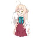  1girl adjusting_glasses ahoge bow double_bun glasses hand_on_hip kantai_collection long_hair makigumo_(kantai_collection) open_mouth oversized_clothes pink_hair school_uniform simple_background sleeves_past_wrists solo twintails white_background yellow_eyes 