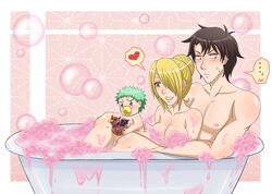  1girl 2boys bath bathing beelzebub_(manga) blonde_hair breasts brown_hair green_eyes green_hair hilda_(beelzebub) karoll_ann multiple_boys oga_tatsumi tagme 