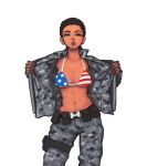  1girl 34no404 american_flag_bikini belt belt_pouch bikini bikini_top bikini_under_clothes black_hair braids breasts brown_eyes camouflage collarbone contrapposto cornrows cowboy_shot dark_skin flag_print gloves holster jacket jacqui_briggs lips long_hair military military_uniform mortal_kombat mortal_kombat_x navel open_clothes open_jacket simple_background solo standing swimsuit swimsuit_under_clothes thigh_holster toned under_boob uniform very_dark_skin 