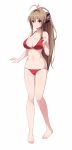  1girl amagi_brilliant_park antenna_hair barefoot bikini blush breasts brown_eyes brown_hair chance_maker cleavage feet hair_ribbon highres huge_breasts legs long_hair looking_at_viewer navel ponytail ribbon sento_isuzu simple_background smile solo standing swimsuit thighs toes white_background 