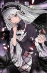  1girl breasts cleavage_cutout dress hairband long_hair red_eyes rozen_maiden silver_hair smile solo suigintou wings 