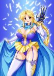  1girl blonde_hair blue blue_background braid breasts brown_eyes cape character_request claw_(weapon) cleavage copyright_request elbow_gloves erect_nipples feathers female garter_straps gloves gradient gradient_background highleg large_breasts looking_at_viewer no_bra open_mouth raochuu revealing_clothes simple_background single_braid smile solo standing thigh-highs weapon 