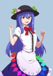 1girl :d bangs black_headwear blue_background blue_hair blue_skirt bow bowtie center_frills cowboy_shot eyebrows_visible_through_hair food frills fruit hair_between_eyes hat highres hinanawi_tenshi kakone leaf long_hair looking_at_viewer one-hour_drawing_challenge open_mouth peach red_bow red_bowtie red_eyes short_sleeves simple_background skirt smile solo standing touhou