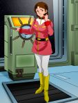  1girl belt bonjin-do boots breasts brown_eyes brown_hair feet female galaxy gundam highres large_breasts legs looking_at_viewer mirai_yashima mobile_suit_gundam short_hair smile solo space standing star thighs uniform window 