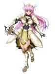  1girl armor braid breasts copyright_request covered_navel female forehead_protector full_body green_eyes hair_ornament large_breasts long_hair pink_hair raochuu rapier smile solo standing sword 