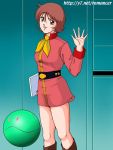  1girl brown_eyes brown_hair female frau_bow freckles gundam haro military military_uniform mobile_suit_gundam robot romancer solo uniform 