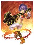  1girl ass bazooka blue_eyes butt_crack female flat_chest full_body gloves high_heels open_mouth pixiv_manga_sample pointy_ears purple_hair ros short_hair solo weapon white_background 