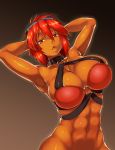  1girl abs armor armpits bikini_armor breasts cleavage dark_skin female large_breasts lips looking_at_viewer muscle navel npqhytt12 parted_lips red_eyes redhead short_hair solo toned 