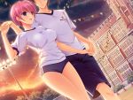  1girl blue_eyes breasts building buruma clouds evening game_cg gym_uniform happy kisaki_mio komori_kei large_breasts legs looking_away open_mouth outdoors pink_hair school short_hair shorts sky smile standing thighs walking walkure_romanze walkure_romanze_more_&amp;_more 