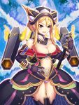  1girl bare_shoulders blonde_hair blush breasts cleavage cleavage_cutout green_eyes hat ichiban_renga long_hair mecha_musume midriff navel open_mouth smile solo sword thigh-highs 