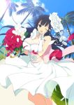  black_hair blue_eyes breasts cleavage dress flower gloves ikaruga_(senran_kagura) large_breasts long_hair palm_tree senran_kagura senran_kagura_(series) sky tree yaegashi_nan 