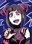  1girl :d black_hair han_juri looking_at_viewer nail_polish open_mouth pink_eyes pink_nails pointing sketch smile solo stalkeralker street_fighter 