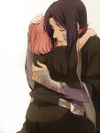  1boy 1girl apg0w0 ayasegawa_yumichika bandage black_hair bleach closed_eyes hand_on_head hug japanese_clothes kusajishi_yachiru pink_hair smile 