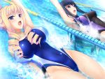  2girls alice_weinberg armpits arms_up bertille_althusser blonde_hair blue_eyes blue_hair blush breasts drill_hair game_cg komori_kei large_breasts legs long_hair looking_up lying multiple_girls open_mouth pool swimming swimsuit thighs violet_eyes walkure_romanze walkure_romanze_more_&amp;_more water wet 