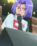  1boy animated animated_gif black_gloves gloves green_eyes kojirou_(pokemon) lowres male_focus pokemon pokemon_(anime) purple_hair solo tagme team_rocket 