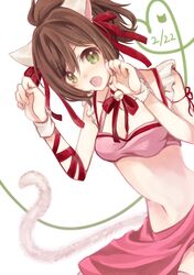  1girl animal_ears brown_hair cat_ears cat_tail green_eyes idolmaster idolmaster_cinderella_girls maekawa_miku open_mouth paw_pose ribbon solo tail 