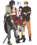  2boys 2girls eitaaa forehead_protector haruno_sakura headband hime_cut hug hyuuga_hinata multiple_boys multiple_girls naruto naruto:_the_last poncho spiky_hair sword uchiha_sasuke uzumaki_naruto whiskers 