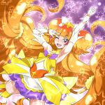 1girl amanogawa_kirara armpits bare_shoulders blush boots brown_hair collarbone cure_twinkle earrings gloves go!_princess_precure jewelry long_hair nakahira_guy open_mouth precure smile solo star star_earrings thigh-highs thigh_boots violet_eyes 