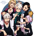  3boys 3girls black_eyes black_hair bleach blonde_hair blue_eyes breasts cleavage fingernails fingers green_eyes hair_ornament hands haori happy_birthday hinamori_momo hitsugaya_toushirou ichimaru_gin japanese_clothes kon kusajishi_yachiru matsumoto_rangiku motsu_(f0204) multiple_boys multiple_girls open_mouth pink_hair shinigami short_hair silver_hair taichou_haori white_hair 