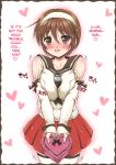  1girl blush breast_squeeze breasts brown_eyes brown_hair gift hairband hard_translated heart incoming_gift kantai_collection large_breasts looking_at_viewer natori_(kantai_collection) open_mouth short_hair sleeves_past_wrists solo translated uzura_no_tamago_(yudeuzutama) valentine 