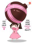  1girl absurdres animal_ears bomb brown_hair bunny_tail carrot carrot_necklace carrying carrying_overhead chibi chocolate dress fuse hard_translated heart highres inaba_tewi open_mouth rabbit_ears shadow short_hair simple_background tail text touhou translated uyu_(keyakinoki) valentine white_background |_| 