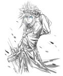  1boy blue_eyes cloud_strife final_fantasy final_fantasy_vii final_fantasy_vii_advent_children frown gloves goggles goggles_on_head krst00 looking_at_viewer male_focus monochrome signature solo spot_color sword weapon 