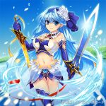  1girl blue_eyes blue_hair breasts female large_breasts looking_at_viewer ripodpotato smile solo sword water 
