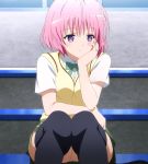  1girl female momo_velia_deviluke pink_hair school_uniform screencap sitting solo thigh-highs to_love-ru uniform 