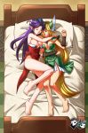  2girls angela_(seiken_densetsu_3) bed blonde_hair breasts bursting_breasts dress headdress highres jadenkaiba large_breasts legs leotard long_hair long_legs multiple_girls purple_hair riesz seiken_densetsu seiken_densetsu_3 side_slit sleeping thighs very_long_hair 