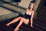  1girl 3d arm_support bare_arms bare_legs bare_shoulders blonde_hair breasts bunny_girl bunnysuit cleavage feet haneto jewelry legs long_hair looking_at_viewer modeling necklace original outdoors realistic stairs 