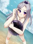  1girl bikini blush breasts cleavage hair_ornament league_of_legends leaning_forward long_hair ponytail silver_hair solo standing swimsuit syndra violet_eyes 