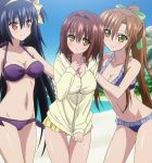  3girls 8-bit_(company) absolute_duo beach bikini blue_hair blush breasts brown_hair cleavage covering embarrassed green_eyes hair_ornament hair_ribbon hotaka_miyabi large_breasts long_hair multiple_girls nagakura_imari navel orange_eyes outdoors ponytail ribbon screencap short_hair smile stitched sweatshirt swimsuit tachibana_tomoe_(absolute_duo) thighs yellow_eyes 