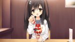  1girl black_hair blush breasts chair female food fruit game_cg kobuichi large_breasts long_hair looking_at_viewer muririn open_mouth restaurant sanoba_witch sitting solo strawberry sundae table togakushi_touko yellow_eyes 