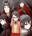  1girl 4boys artist_request dark_background forehead_protector glasses hair_over_one_eye high_collar highres multiple_boys naruto naruto_shippuuden red_eyes rinnegan sharingan spiky_hair symbol-shaped_pupils uchiha_itachi uchiha_obito uchiha_sarada uchiha_sasuke 