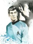  1boy black_hair expressionless graphite_(medium) leonard_nimoy pointy_ears science_fiction solo spock star_trek traditional_media uniform vulcan watercolor_(medium) 