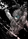  1boy arms_up blue_eyes clenched_teeth cloud_strife final_fantasy final_fantasy_vii gloves glowing glowing_eyes greyscale huge_sword huge_weapon male_focus mali_(maru) monochrome muscle solo spot_color sword teeth weapon 