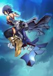  1girl aqua_(kingdom_hearts) back backless bare_shoulders bike_shorts blue_hair detached_sleeves highres keyblade kingdom_hearts kingdom_hearts_birth_by_sleep looking_back showgirl_skirt solo strap thigh-highs weapon 