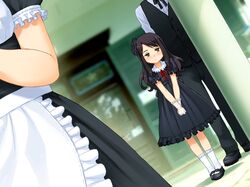  1boy 2girls black_dress black_hair blush brown_eyes dress dutch_angle gloves hair_ornament indoors long_hair mary_janes multiple_girls ojousama_no_hima_tsubushi shoes socks sol-fa-soft white_gloves yoshida_seiji 