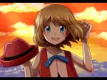  aiakasa-sakura alternate_hairstyle blue_eyes brown_hair hat pokemon pokemon_(anime) serena_(pokemon) short_hair sky smile tears 