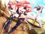  2girls angry asakura_sakura ass bicycle bouncing_breasts breasts brown_hair chasing clenched_teeth clouds drill_hair elbow_gloves feet flat_chest game_cg gloves huge_breasts knight_carnival legs long_hair looking_back merlin_(knight_carnival) midriff morgan_(knight_carnival) multiple_girls navel road sandals sasayuki sitting sky standing teeth thigh_boots thighs torn_clothes twintails violet_eyes 