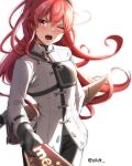  1girl absurdres black_gloves black_headband black_legwear blush chocolate eris_greyrat gloves hair_between_eyes headband highres jacket long_sleeves messy_hair mushoku_tensei one_eye_closed open_mouth pants red_eyes solo sword sword_behind_back tsundere twitter_username weapon zildt 