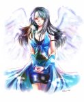  1girl bike_shorts black_hair breasts brown_eyes cleavage female final_fantasy final_fantasy_viii jewelry krst00 large_breasts long_hair looking_at_viewer necklace rinoa_heartilly shorts signature smile solo wings 